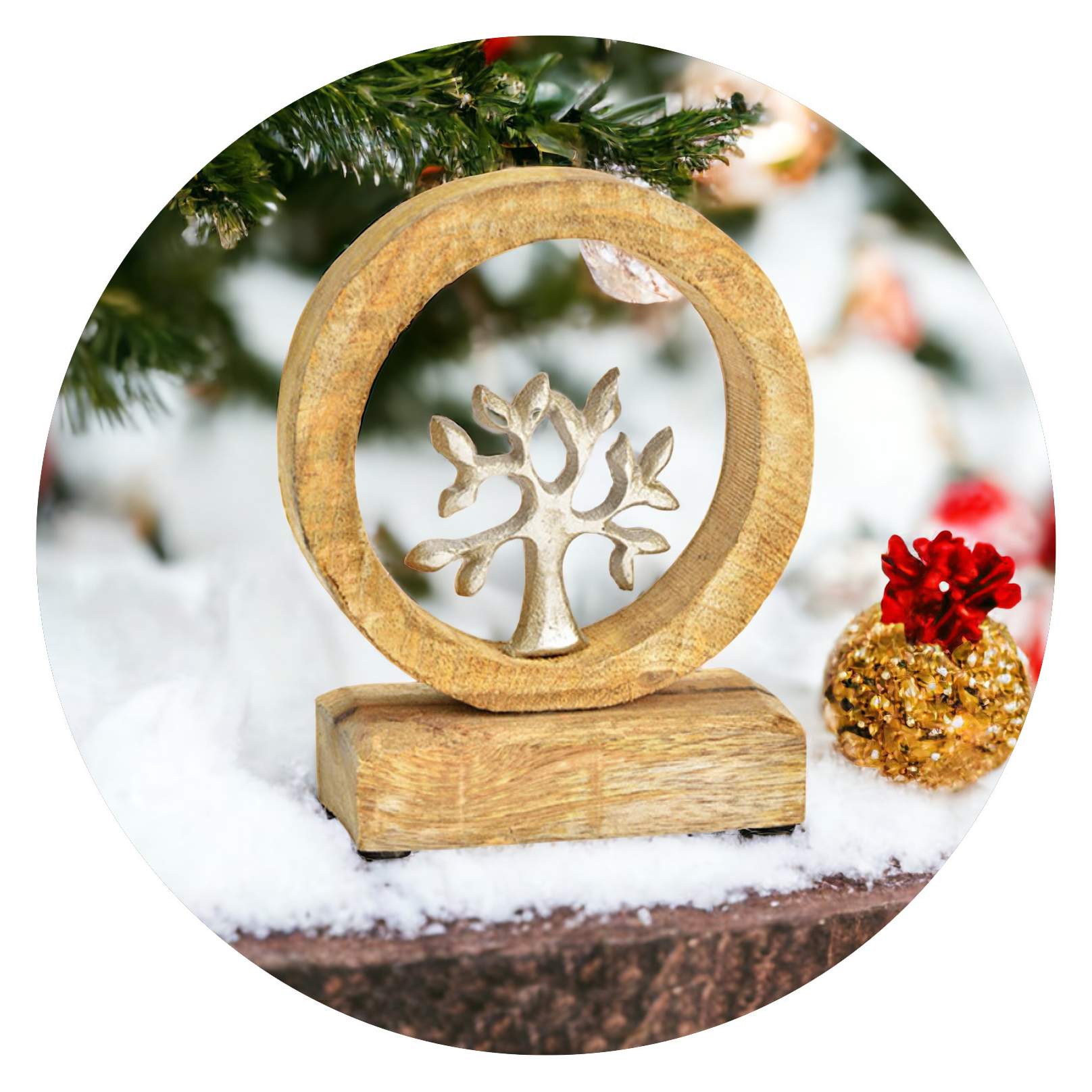 Metalen boom op mangohouten voet Metalen boom op mangohouten voet