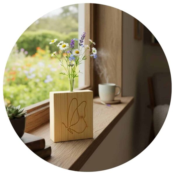 Vlindergravure met vaasje gevuld met wide bloemen op een vensterbank.