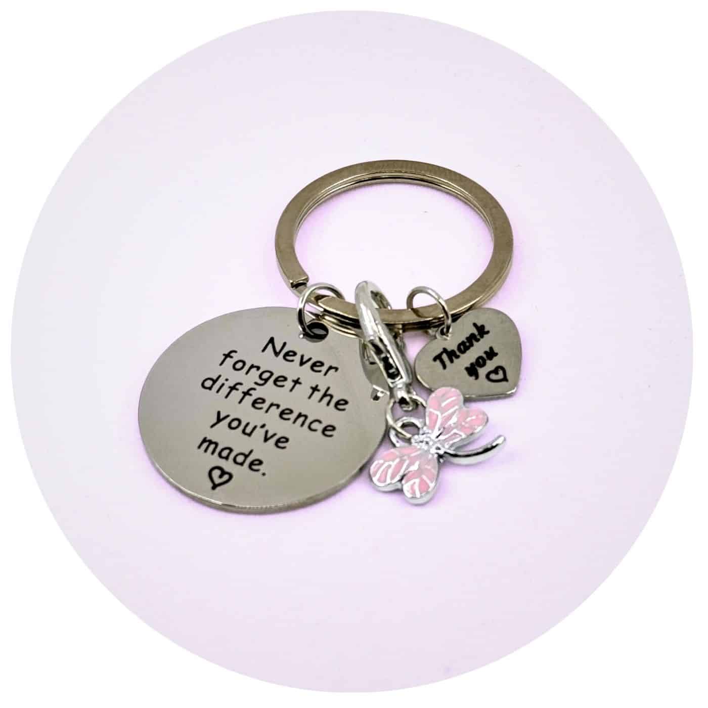 Sleutelhanger-never-forget-roze Sleutelhanger met vlinder en dankbaar hart roze