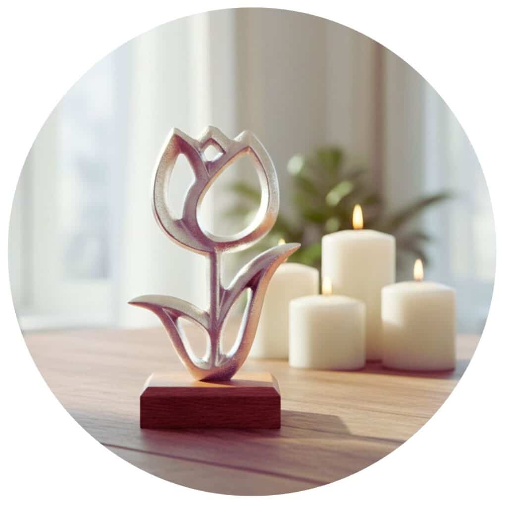 mooie metalen tulp op houten voetstuk