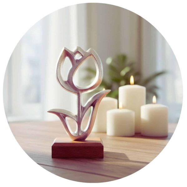 mooie metalen tulp op houten voetstuk