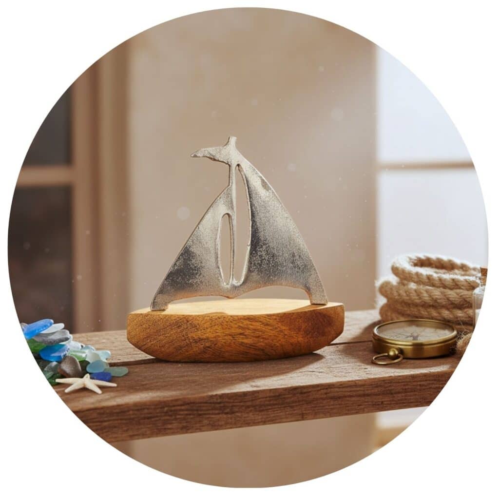 zeilboot op houten sokkel maritiem thema