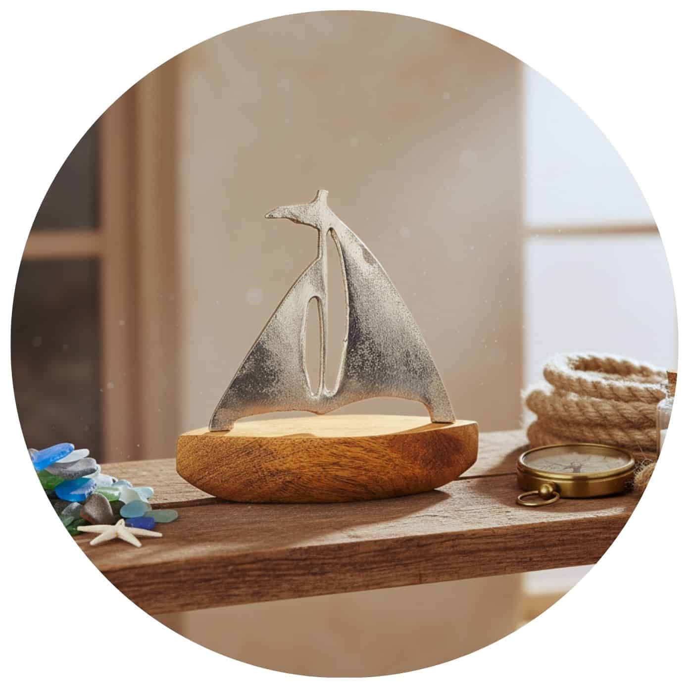 Zeilboot-maritiem-thema zeilboot op houten sokkel maritiem thema