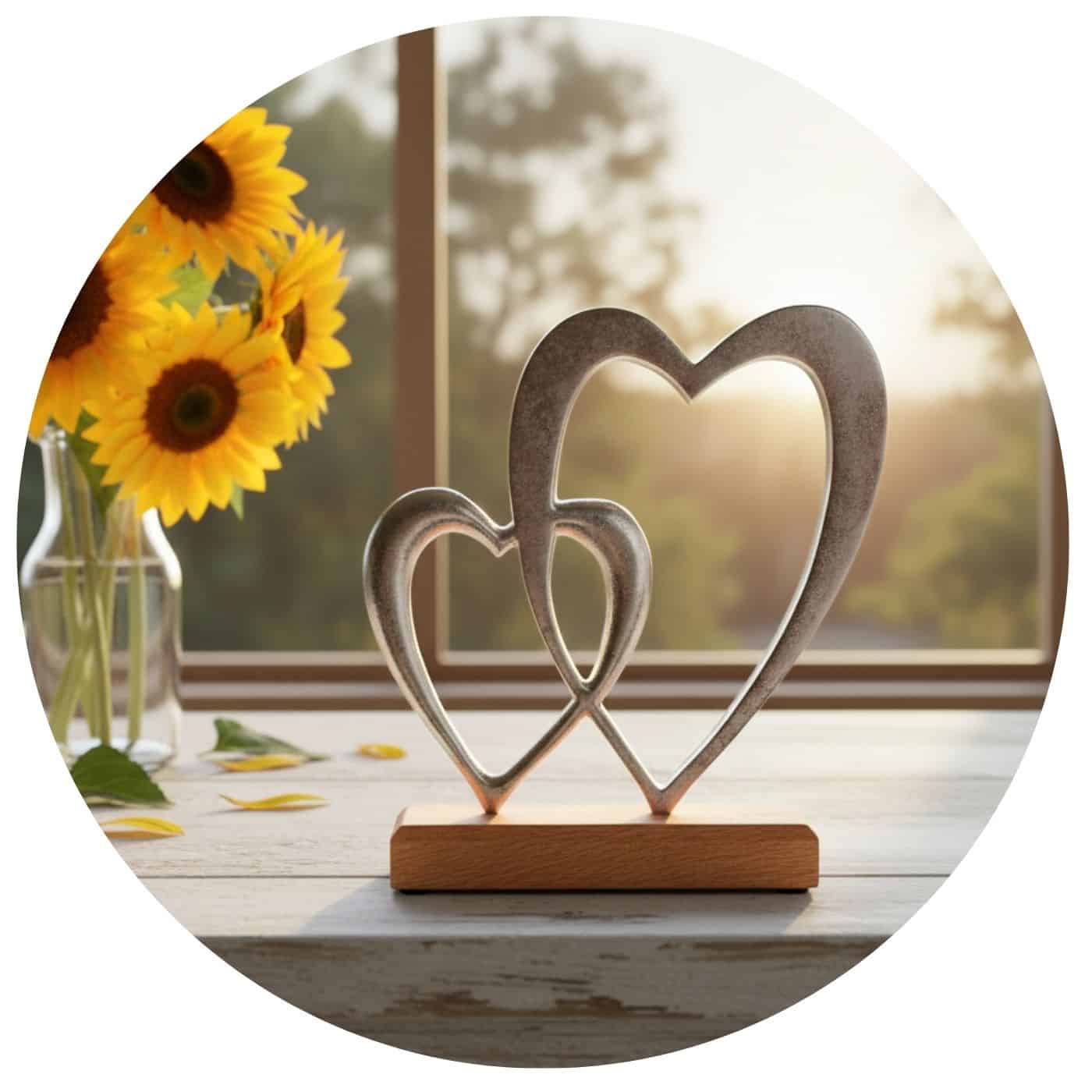 groot-en-klein-metalen-hart-zonnebloemen twee harten op een standaard van mangohout met zonnebloemen