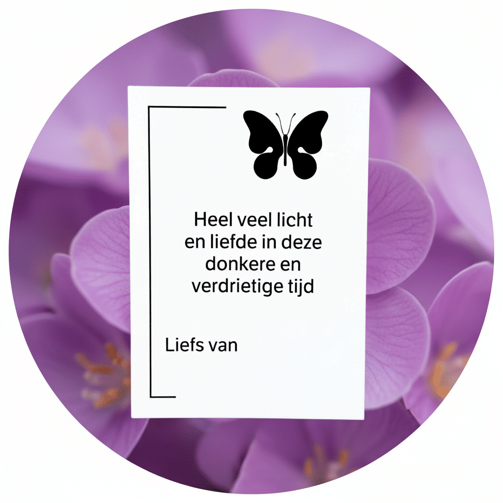kaart-vlinder-liefs-bloemen troostkaart vlinder veel liefs met een achtergrond van paarse bloemblaadjes